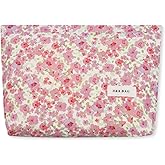 LJCZKA Aesthetic Floral Makeup Bag Cute Cotton Make up Pouch Large Flower Travel Toiletry Organizer Bag (Pink)