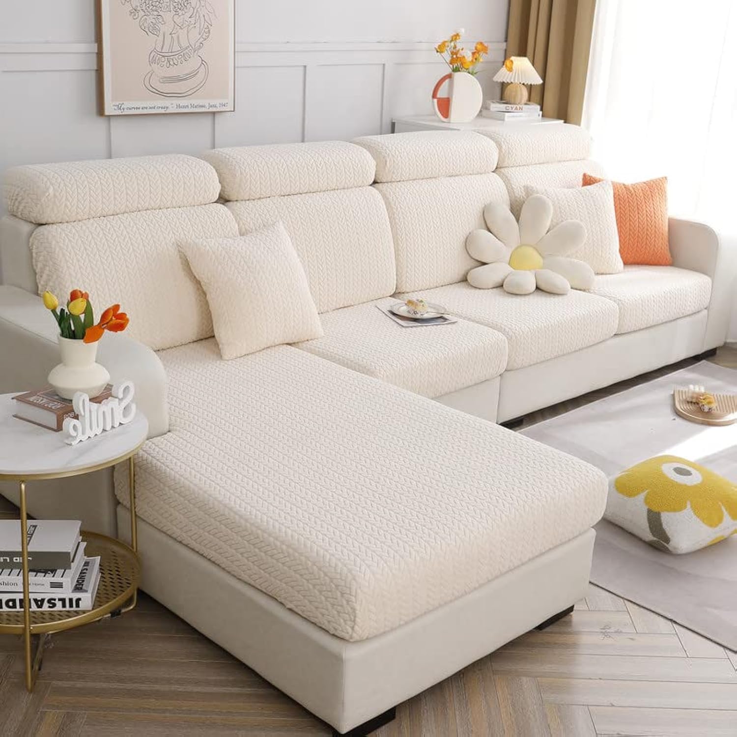 Universal Stretch Sofa Seat Cushion Covers - L Shape Slipcovers for Couch, Chaise Protector (Beige Wheat)