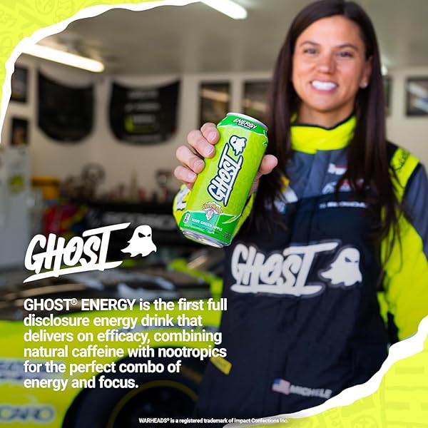 GHOST ENERGY DRINK – 12-PACK, WARHEADS SOUR GREEN APPLE, 16OZ – ENERGY & FOCUS & NO ARTIFICIAL COLORS – 200MG OF NATURAL CAFFEINE, L-CARNITINE & TAURINE – GLUTEN-FREE & VEGAN