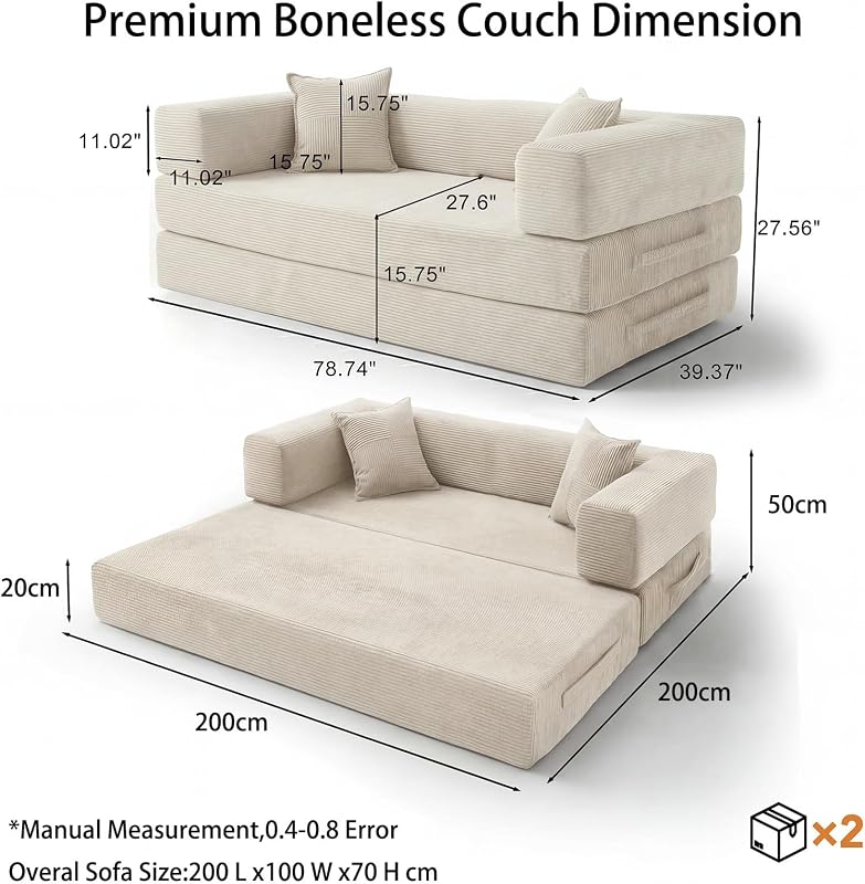 200cm 5 en 1 Canapé Compressé, Fabriqué en Velours Côtelé de Haute Qualité avec Forme de Mémoire Haute Densité Versatile Canapé Convertible 3 Places pour Pièce Compacte, Blanc