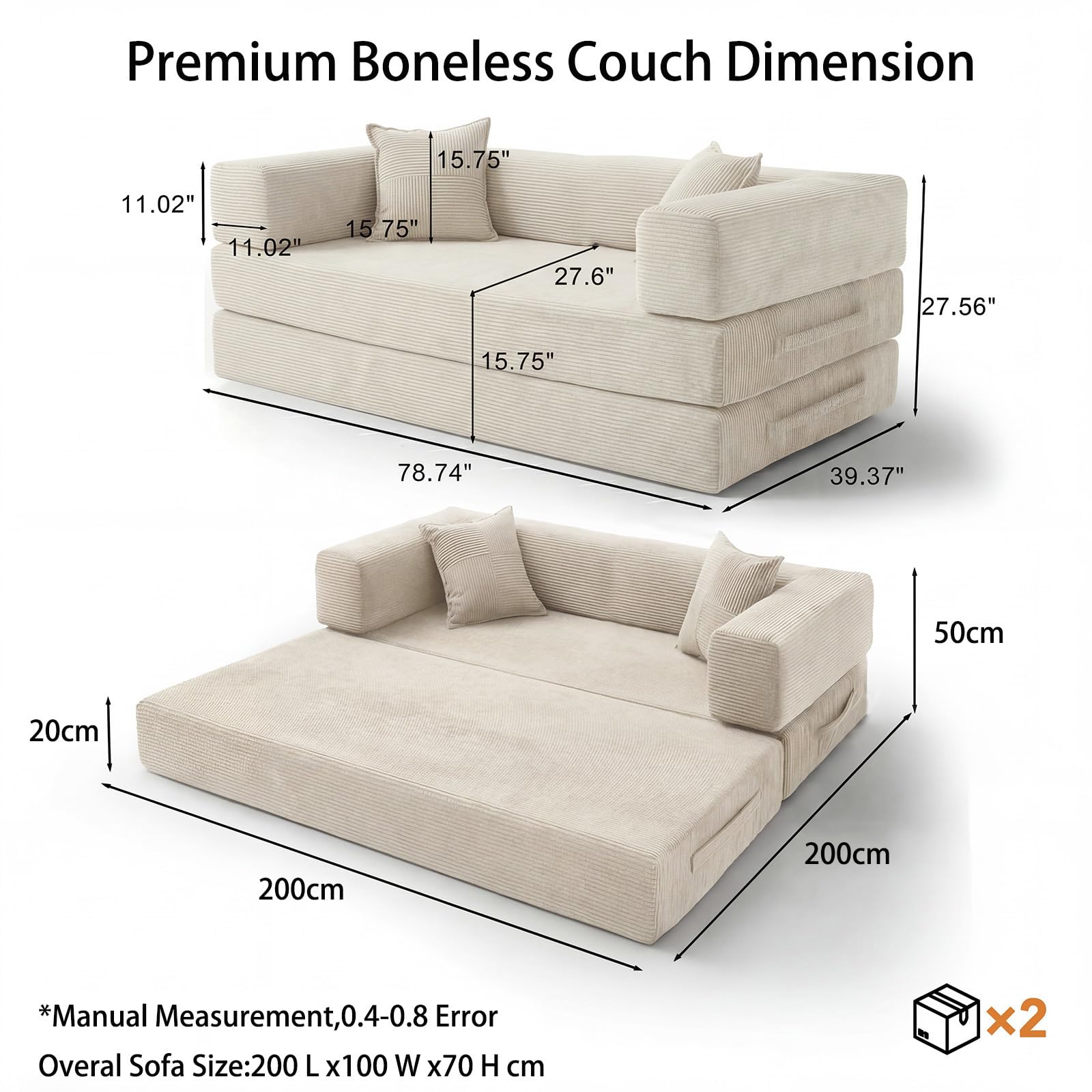 200cm 5 en 1 Canapé Compressé, Fabriqué en Velours Côtelé de Haute Qualité avec Forme de Mémoire Haute Densité Versatile Canapé Convertible 3 Places pour Pièce Compacte, Blanc