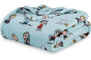 Berkshire Blanket Peanuts® VelvetLoft® Cute Character Snoopy Plush Oversized Kids Throw Blanket, Snoopy Play with Peanuts Gang Light Aqua (50in x 60in)