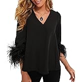 Women's Feather Blouse Party Top 3/4 Sleeve Cuff Casual V Neck Wedding Guest Cocktail Blouse T-Shirt