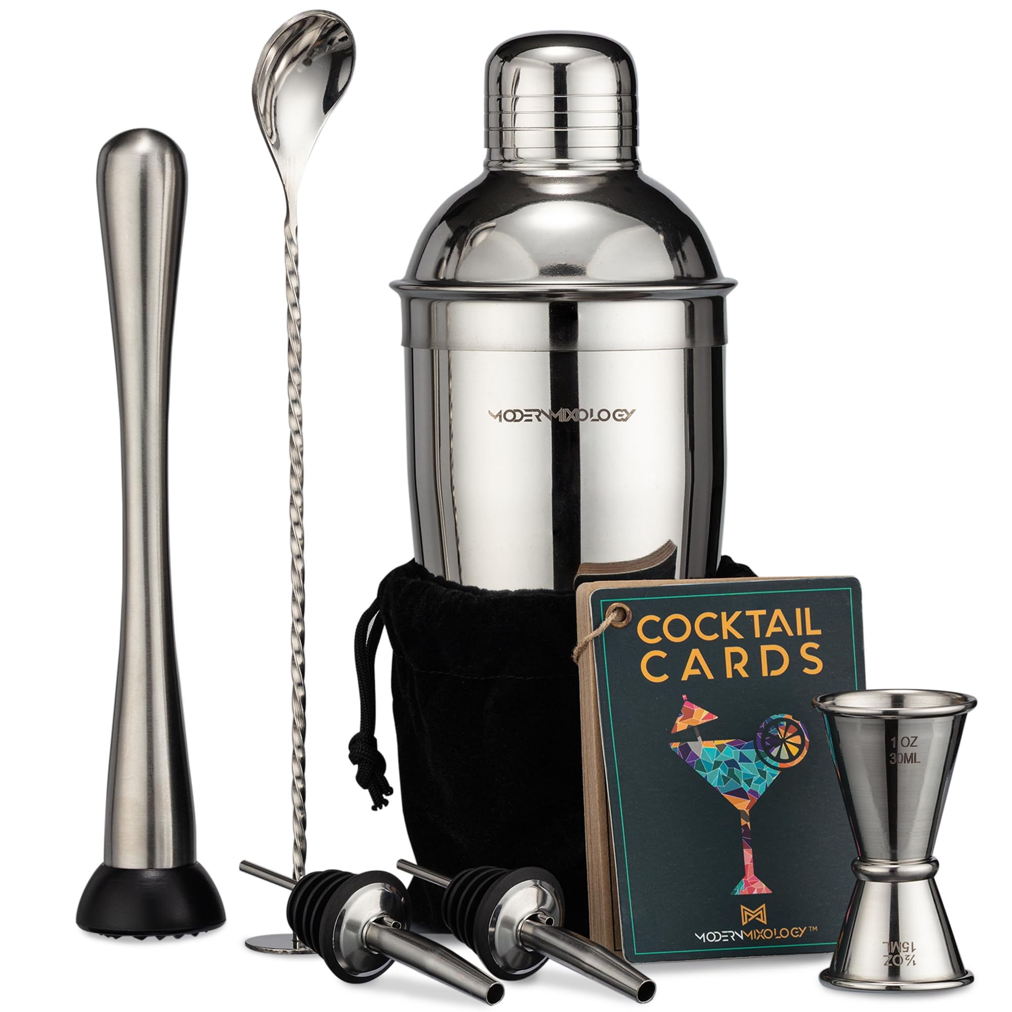 Mixology Cocktail Shaker Set Drink Mixer, 8-Piece Portable Bartender Kit with 24oz Martini Shaker Barware Tool Set, 2 Pourers, Muddler, Jigger, Mixing Spoon, Velvet Bag, Built-in Strainer (Silver)