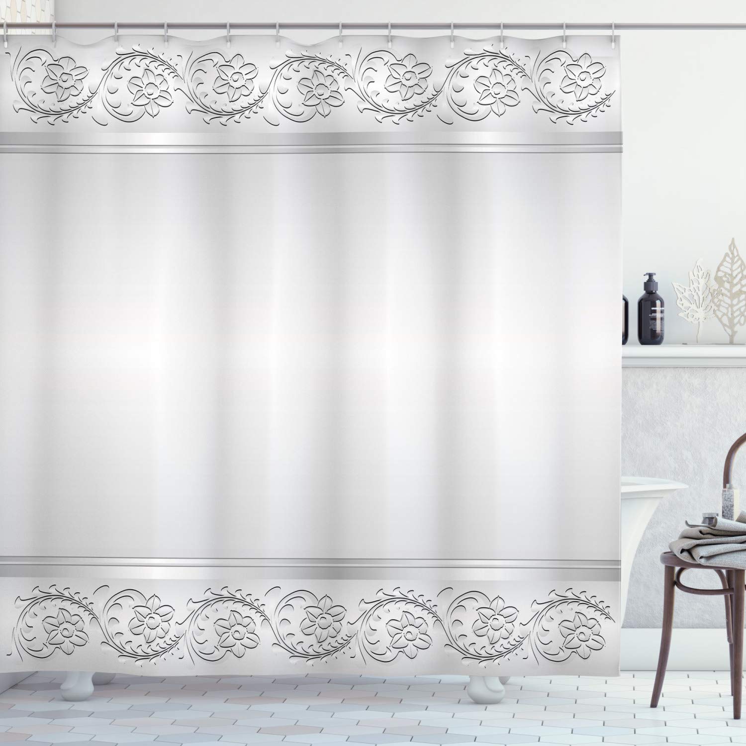 ABAKUHAUS Retro Shower Curtain, Vintage Style Floral Ornaments Flowers with Leaves Classical Bridal Inspired, Cloth Fabric Bathroom Decor Set with Hooks, 94 Inches, White and Grey — image 1