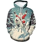 Hurspmr Men's Christmas Dog Hoodies Funny Santa Claus Hooded Pullover Casual 3D Print Long Sleeve Sweatshirt Hoody