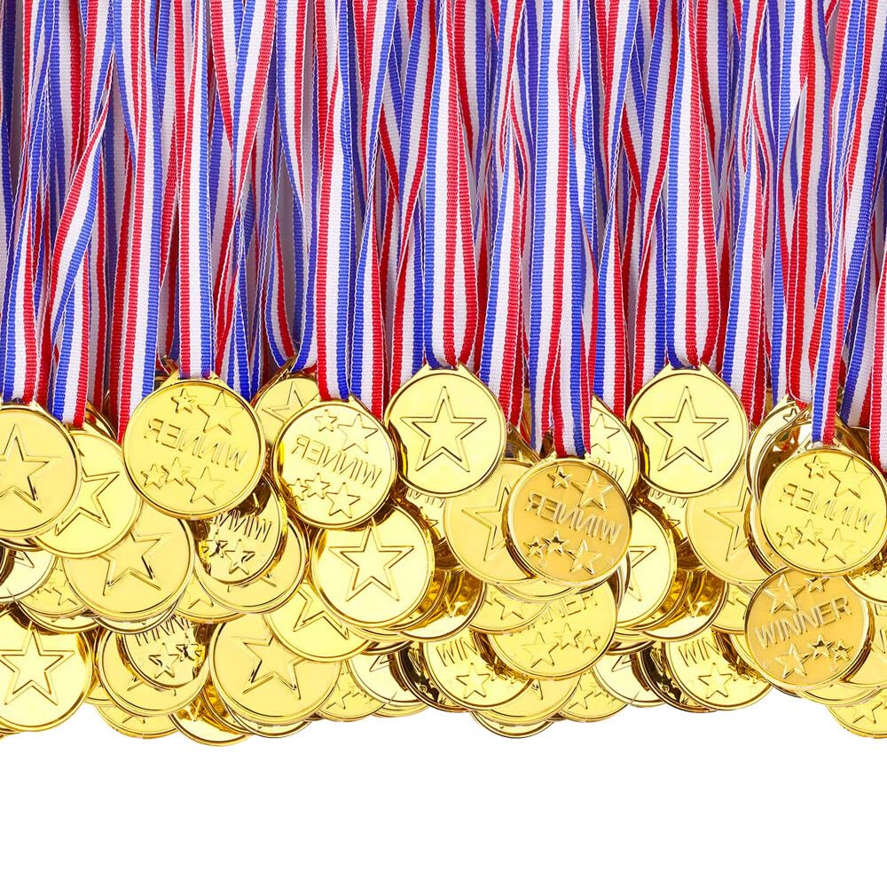 XPJBKC Medals for Children, 100 Pieces Plastic Medals, Gold Medals for Kids with Ribbon, Medals for Adults, Football Winner Award Medals, Sports Day Medals for Sports Competition