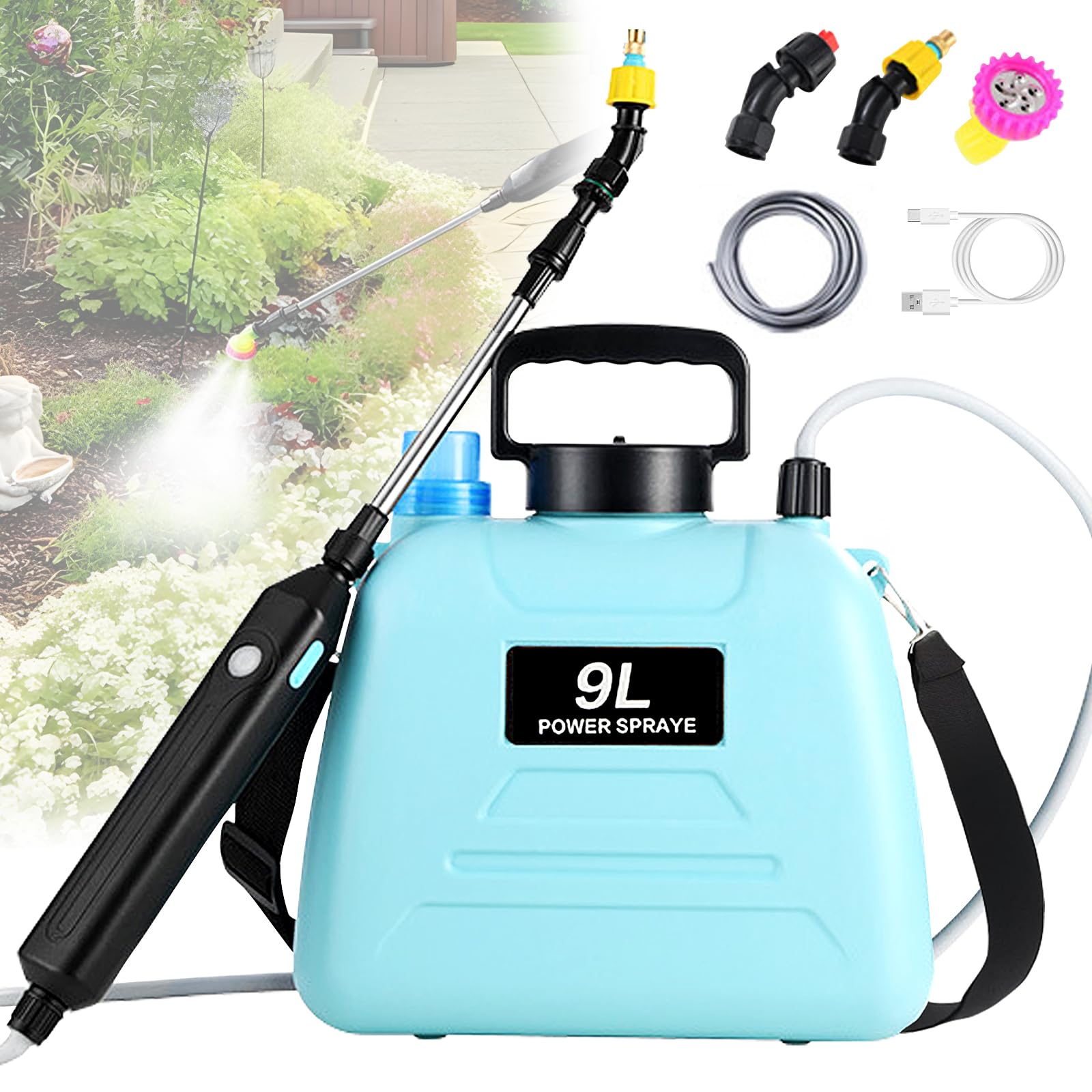 Photo 1 of 2.4 Gallon Battery Powered Sprayer, Electric Battery Operated Sprayer, Weed Power Sprayers in Lawn and Garden with Adjustable Shoulder Strap and Rechargeable Handle, 3 Mist Nozzles (Blue)