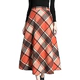Tanming Women's Winter Warm Elastic Waist Wool Plaid A-Line Pleated Long Skirt