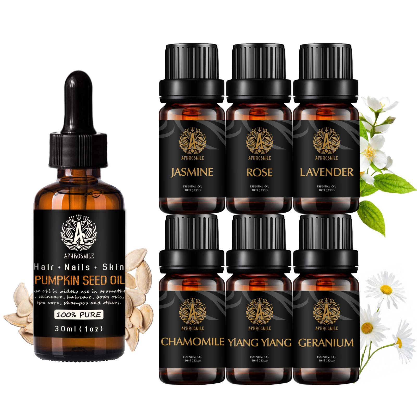 Aromatherapy Jasmine Essential Oil Set with Carrier Oil for Massage, 100% Pure Pumpkin Seed Essential Oil, 7x10ml 100% Pure Rose Essential Oils Set - Lavender, Geranium, Ylang Ylang, Chamomile Oils