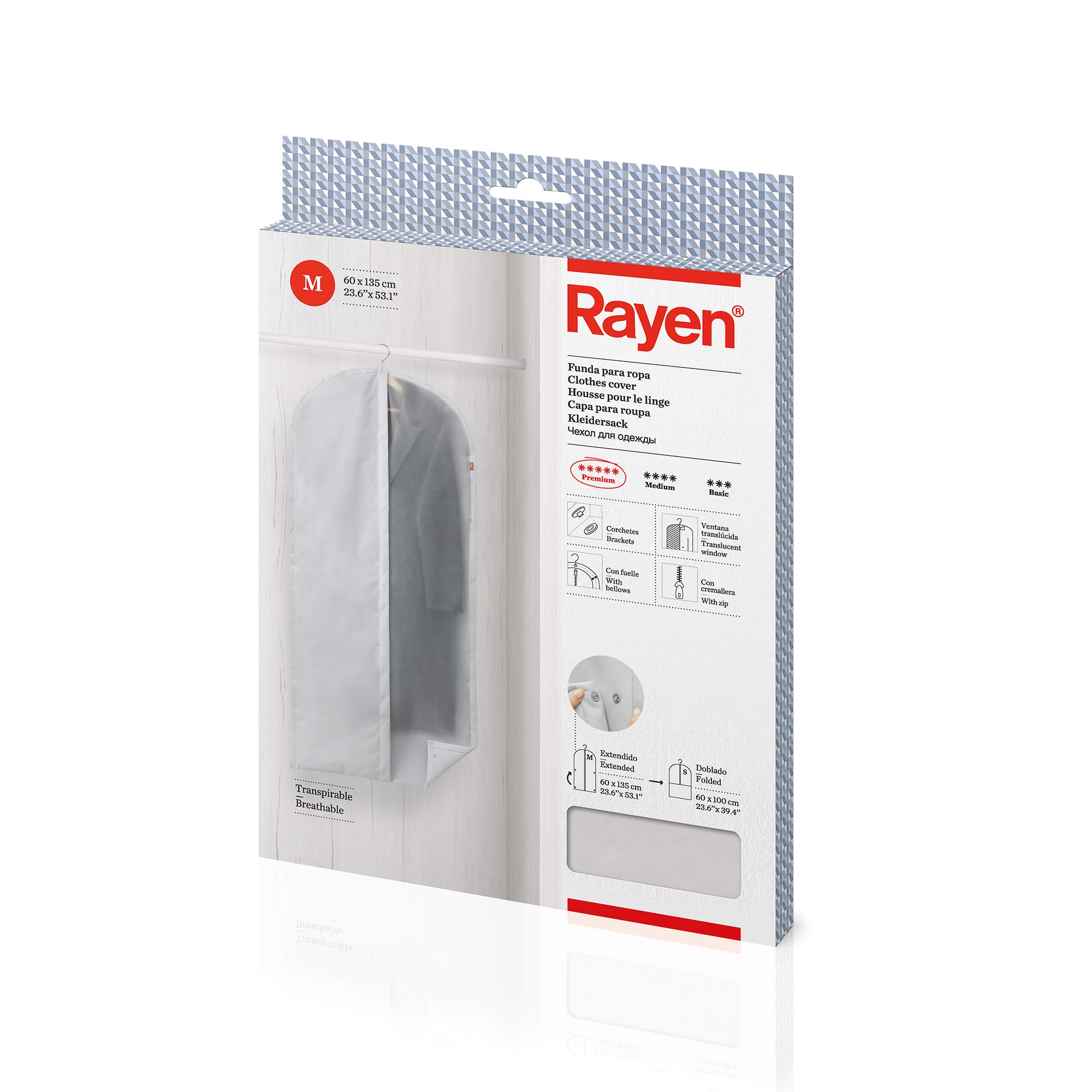 Rayen - Wardrobe clothes cover. Zip-up hanging suit cover. Dress cover resistant to dust, moisture and moths. 60 x 135 cm. Light Grey/Translucent