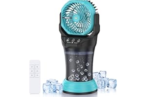Wilody Misting Fan Portable Camping Fan 42800mAh Battery Powered with Remote Control, RGB Ambient Light with 2L Bucket, Battery Indicator, 120° Auto Oscillating, Timing Function, Grip Handle, Blue
