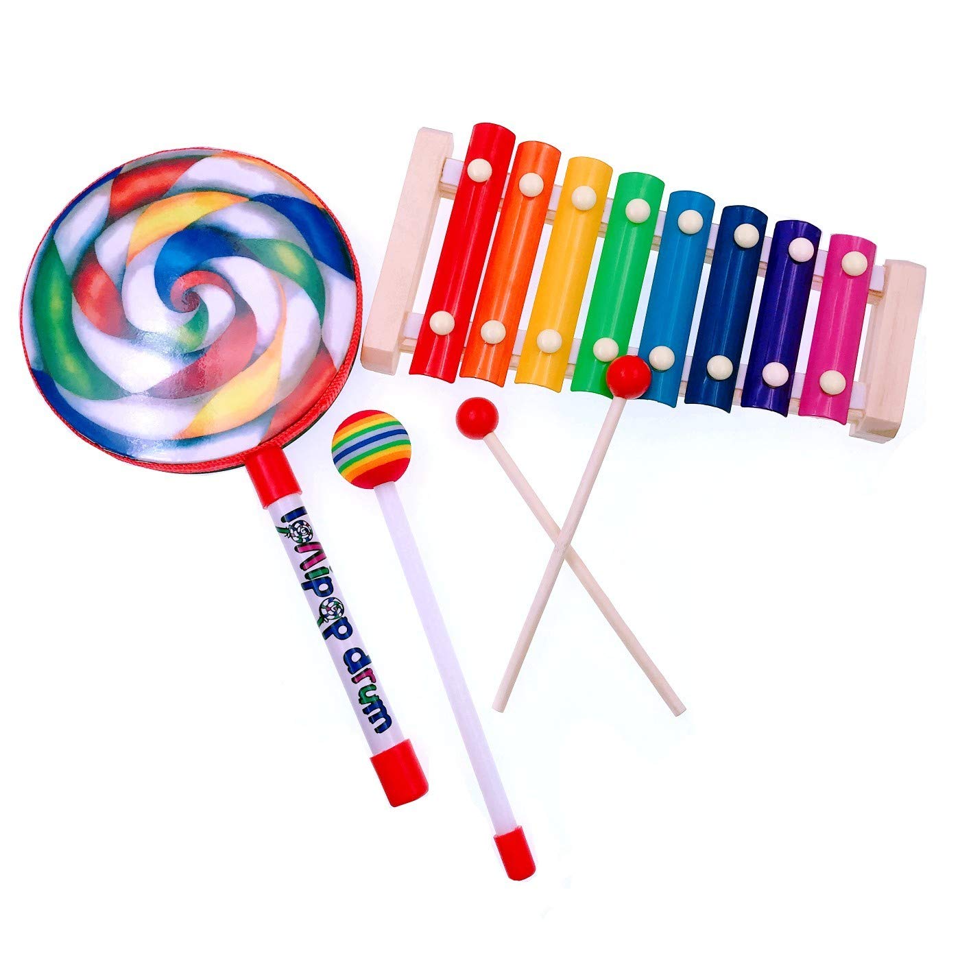 JZK Wooden Xylophone & lollipop hand drum with stick beater, children musical instrument toy, birthday gift for little kids baby toddlers
