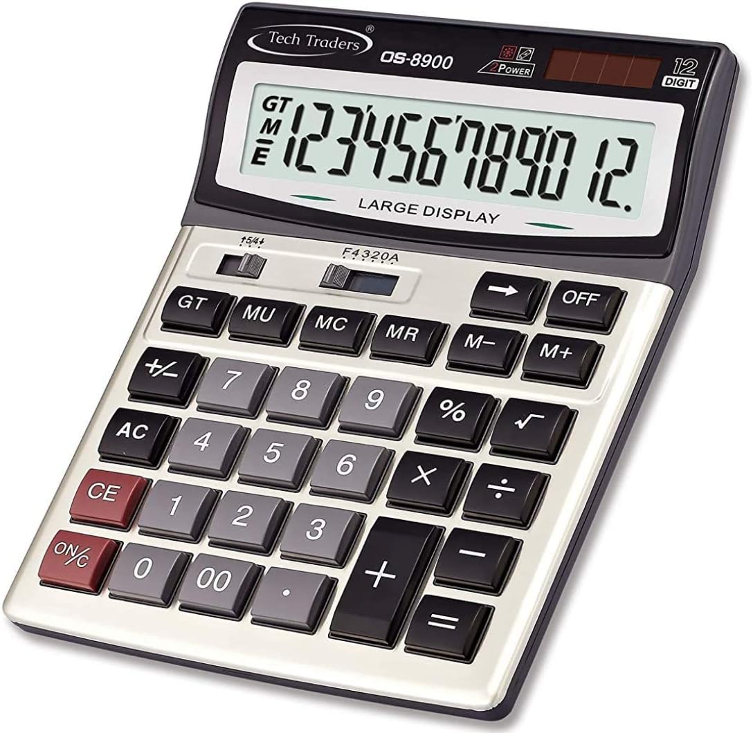 Extra Large Desktop Calculator, Extra Large Key Solar and Battery Dual Power Portable 12 Digit Large LCD Display