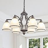 6-Light Chandeliers for Dining Room with Frosted Glass Black and Gold Strokes Modern 30’’Ceiling Hanging Light Fixtures Class