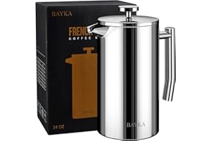 BAYKA French Press Coffee Tea Maker 34oz, 1 Liter Stainless Steel Insulated Coffee Press with 4 Filter Screens, Rust-Free, Dishwasher Safe, Silver