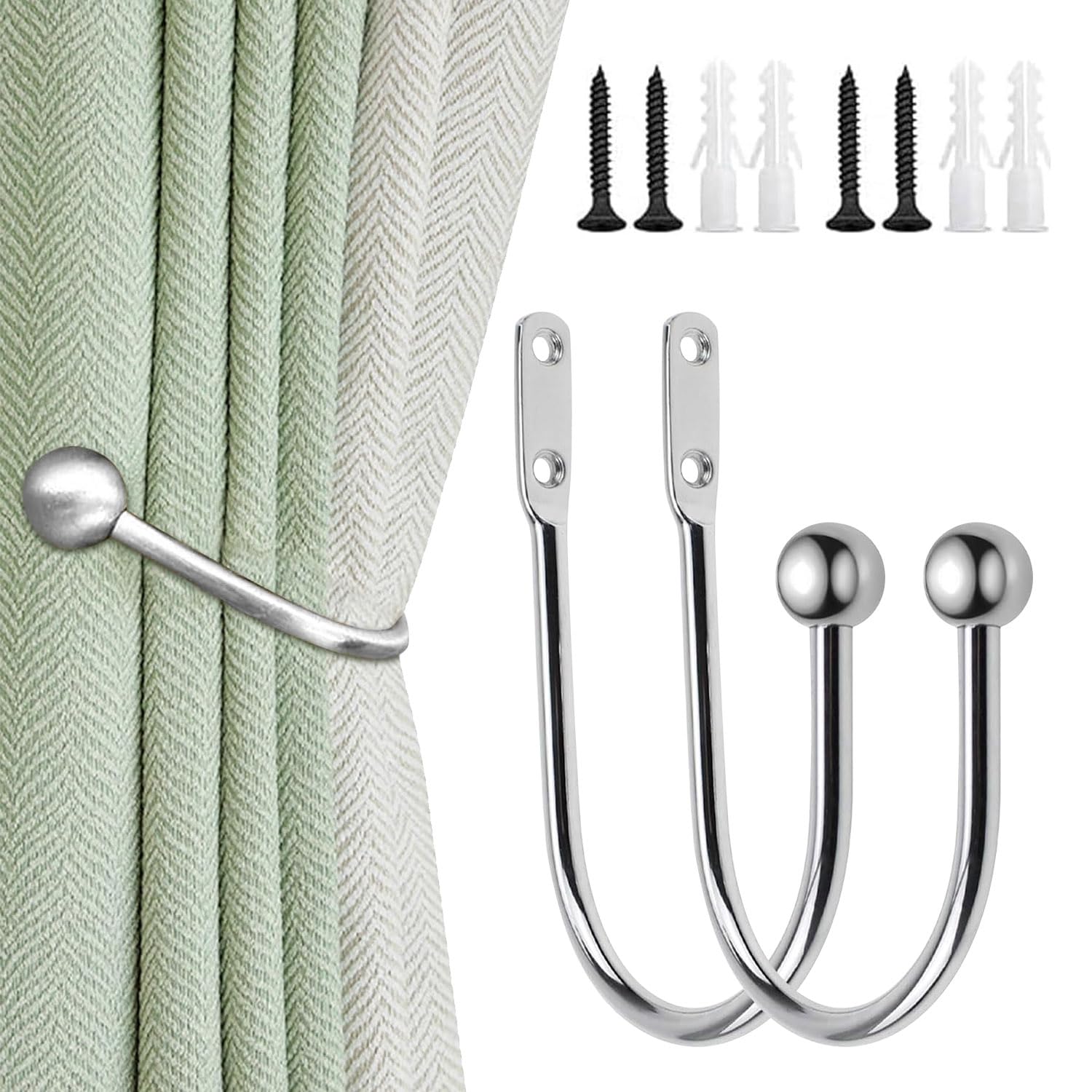 Uskerb 2 Pieces Curtain Tie Backs Hooks - Wall Mounted Curtain Holdbacks with Screws - Chrome Curtain Tie Back Hooks for Home Decor - Silver