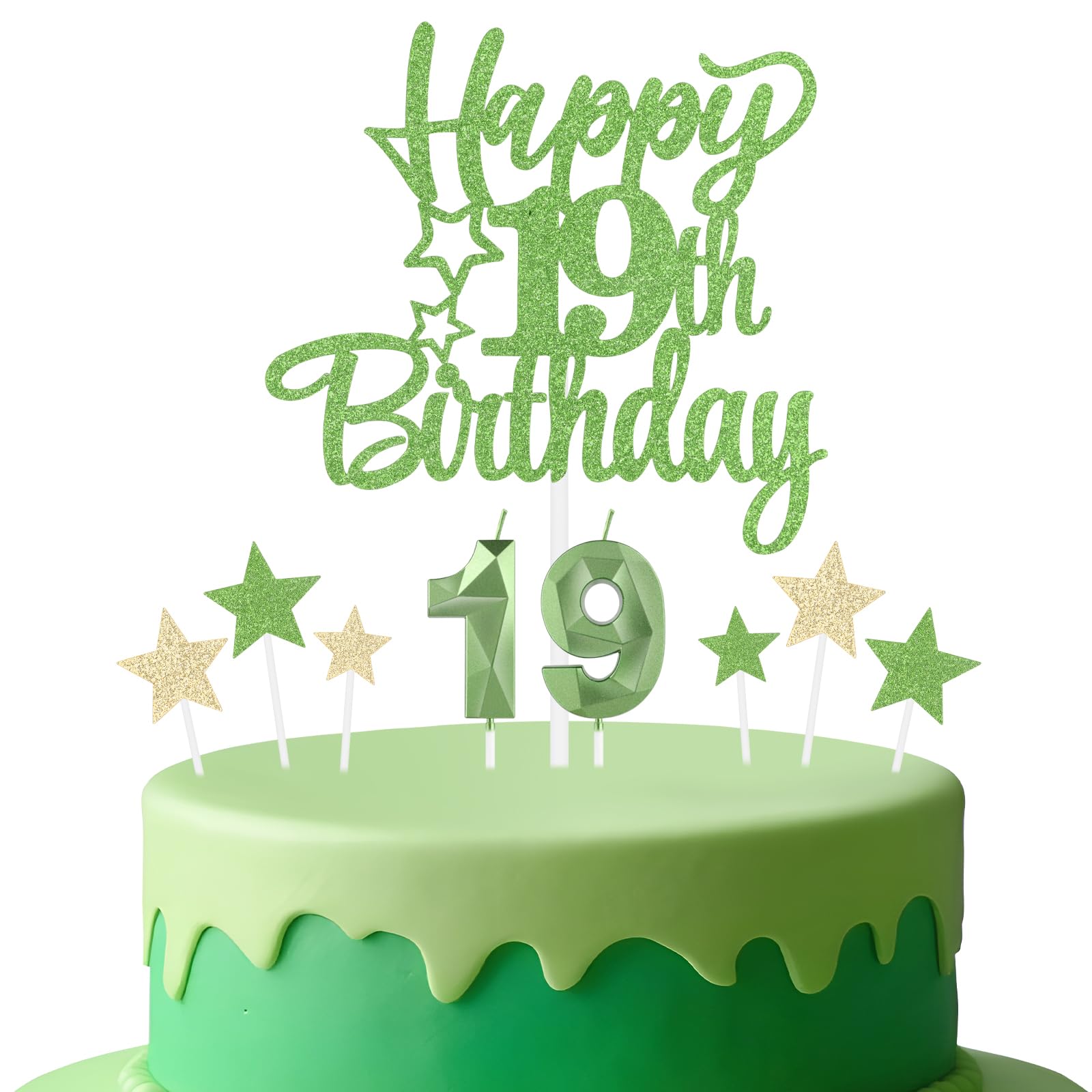 mciskin Tender Green 19th Birthday Candles Cake Toppers Set,3D Number 19 Candle for Cake,Light Green Candles Yellow Star Toppers for Girls Boys 19th Birthday Decorations Party Supplies
