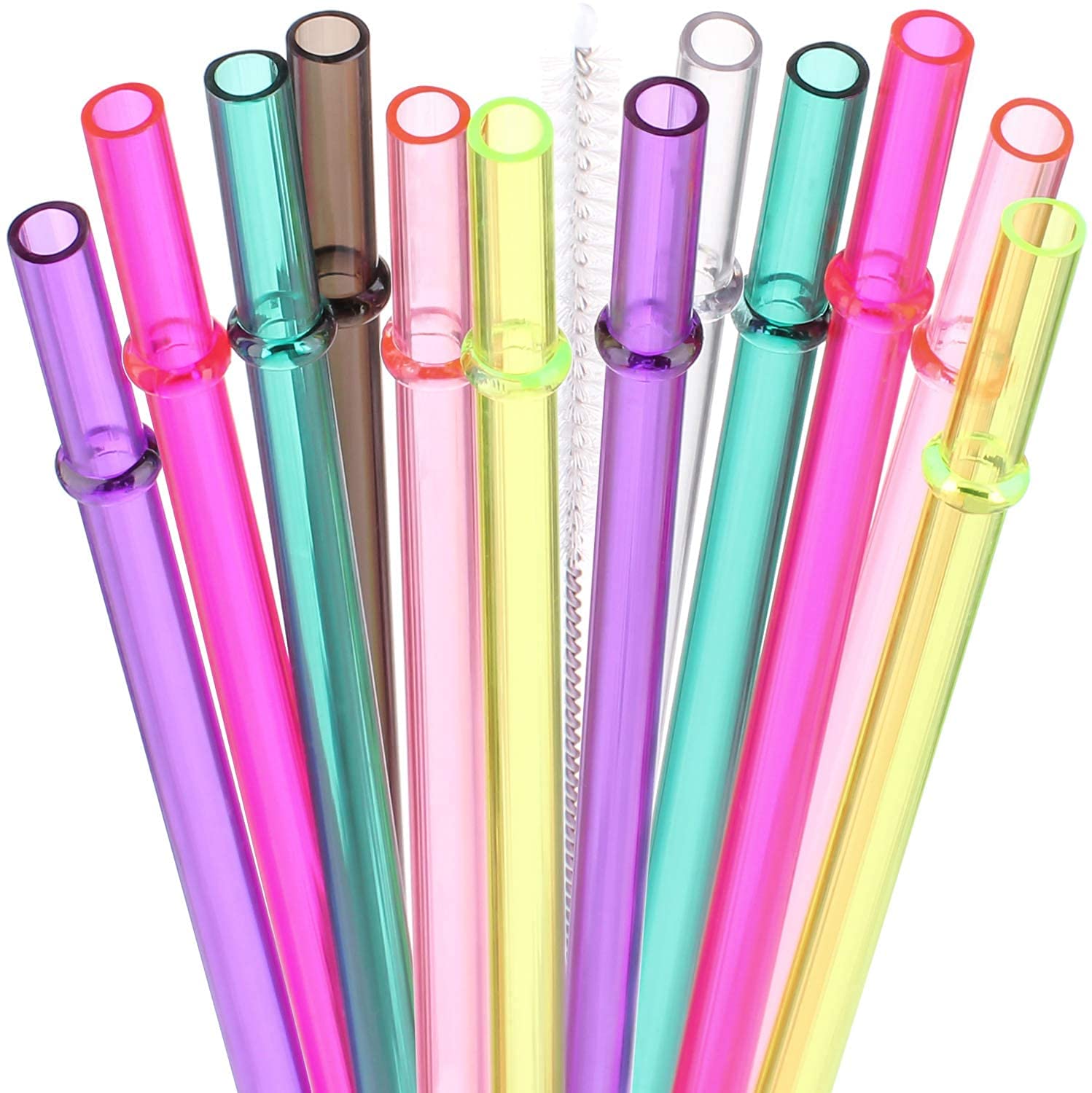 DAKOUFISH 11 Inch Clear Reusable Plastic Replacement Drinking Straws Extra Long for 24oz & 40oz Mason Jar Tumblers,Set of 12 Pcs Straws with Cleaning Brush (11inch,7color)