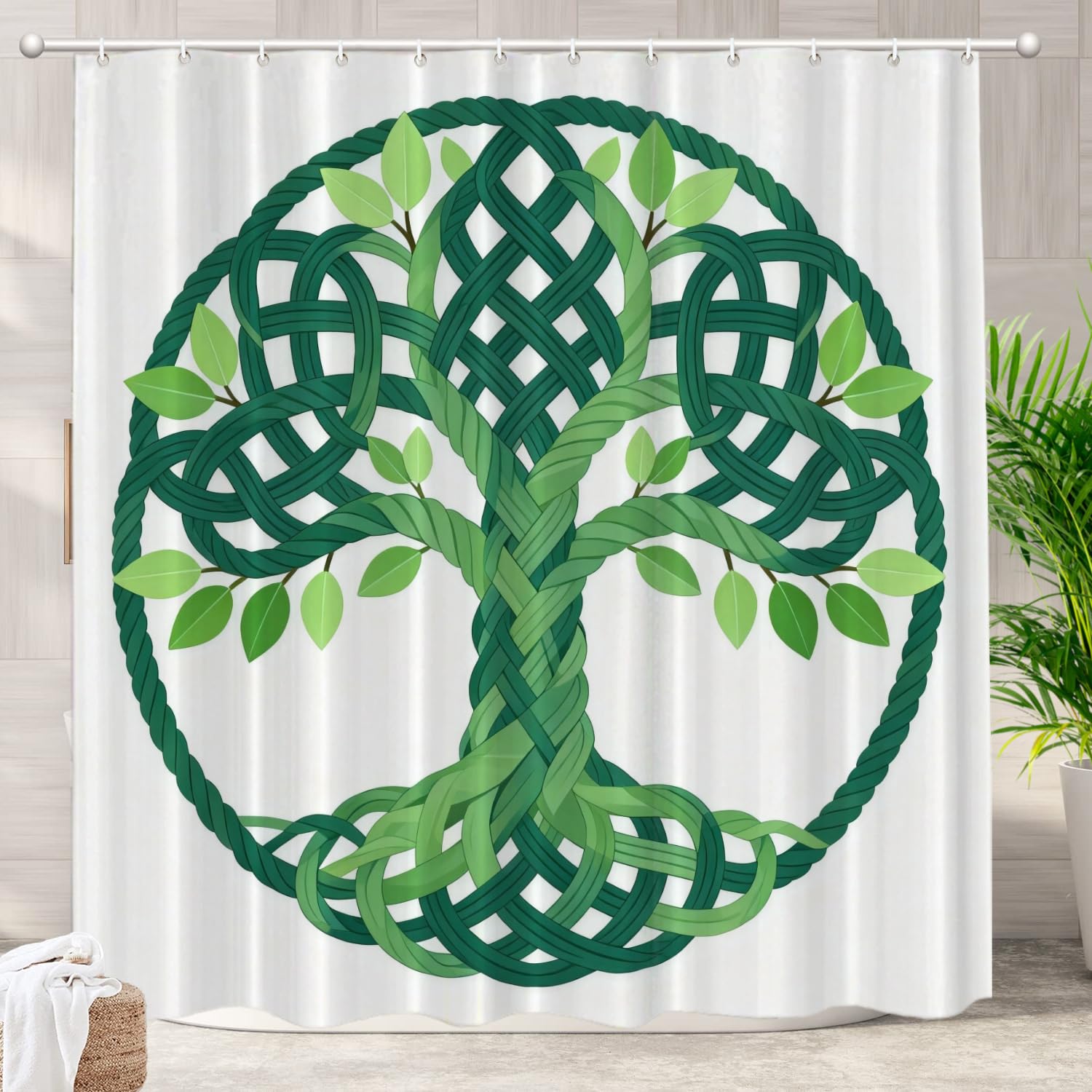 Batmerry Celtic Tree of Life Decorative Shower Curtain, Green Knot Cute Long Wide Shower Curtain with Rust Proof Grommets for Bathroom Farmhouse Bathtub Waterproof Washable — image 1