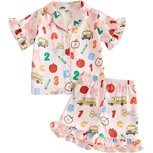 FIOMVA Baby Girl Pajamas Set Bow Short Sleeve Button Down Shirt Top Shorts Kids Toddler Two Piece Pjs Set Sleepwear Summer