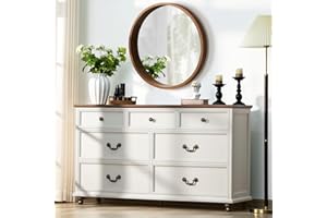 Joaxswe Farmhouse 54" 7 Drawers Dresser for Bedroom, White Wood Chest of Drawers w/ 4 Wooden Legs, Vintage Closet Storage Dressers Organizer for Hallway, Rustic Large TV Stand for Living Room, Foyer