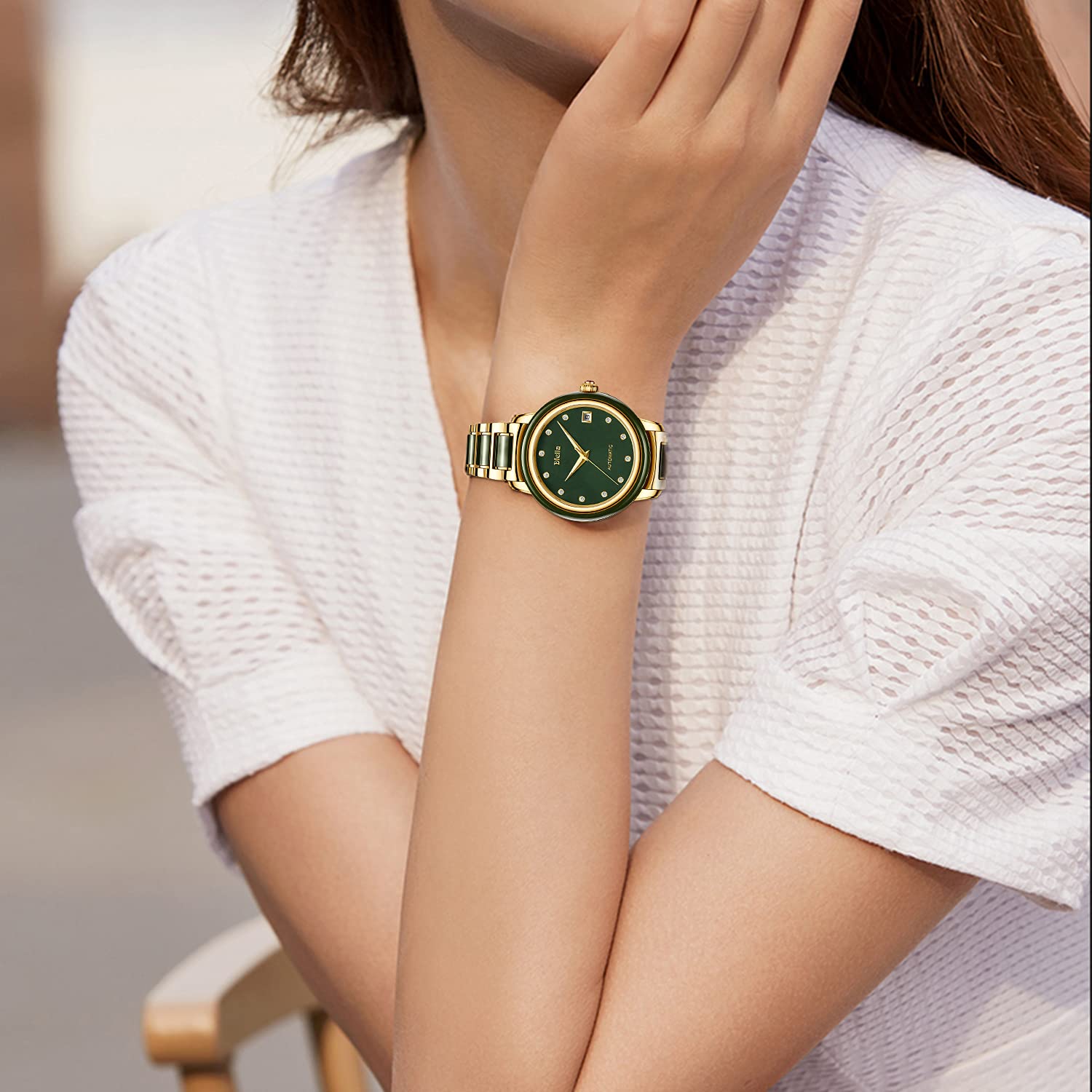 Diella Automatic Watches for Men and Women,Luxury Jade Wrist Dress Watch with Luminous Display,Waterproof