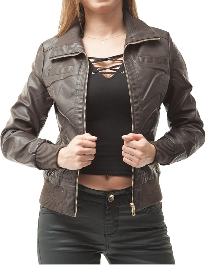 Hiser Damen Kunstlederjacke - Kurze Bikerjacke PU Leder - Mit Reißverschluss Taschen - Für Herbst & Winter