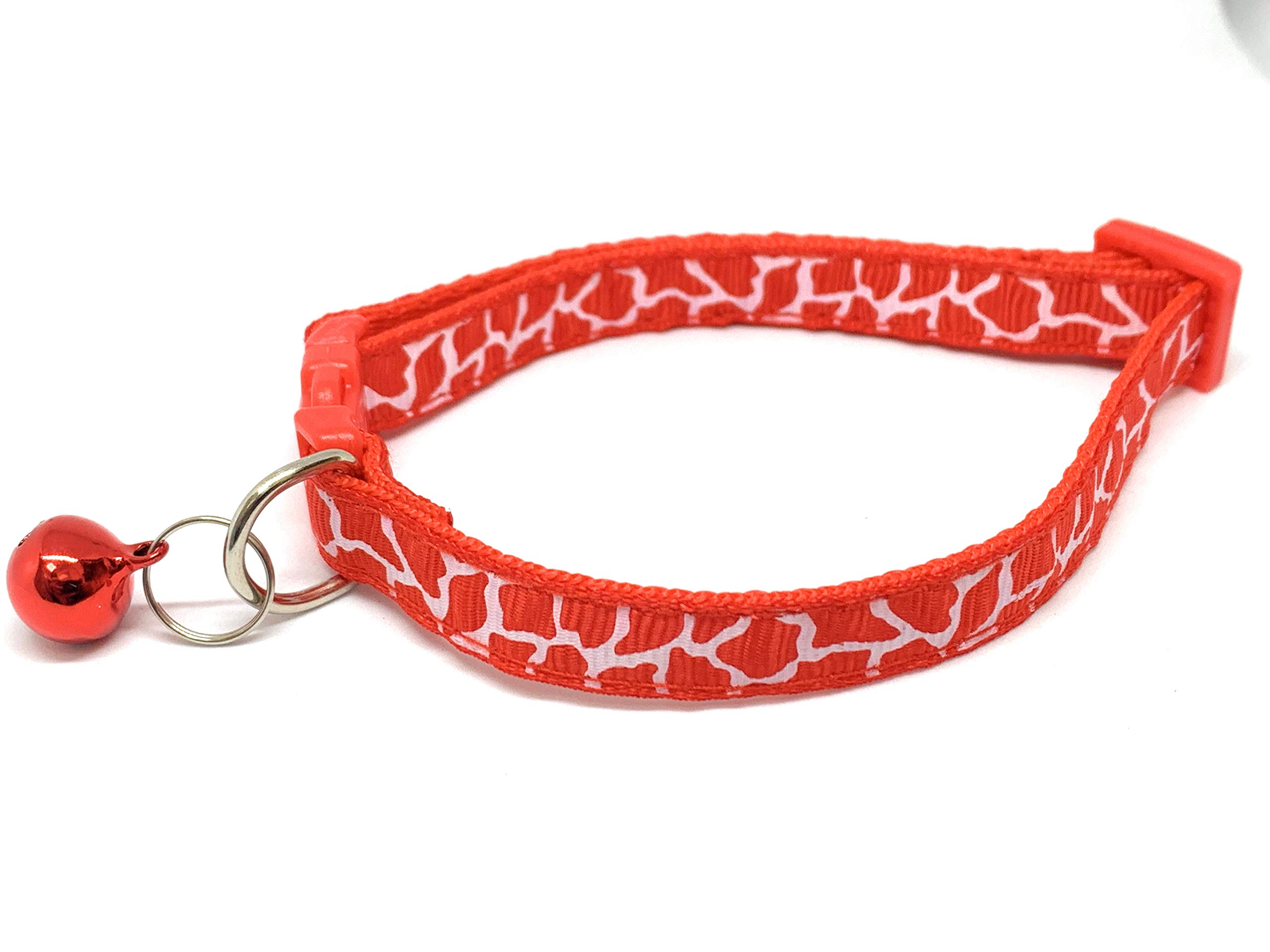 Reflective & Adjustable Cat, Dog, Small Animal Pet Collar; Bells to Stop Hunting. Funky Patterned, Paw Prints. Designed for Visibility [RED GIRAFFE]