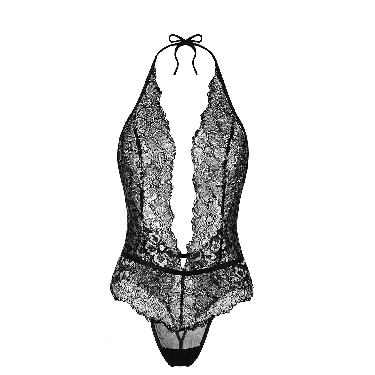 XSPICE Women Deep V Lingerie Lace Babydoll Mini Bodysuit Halter One Piece Teddy Underwear