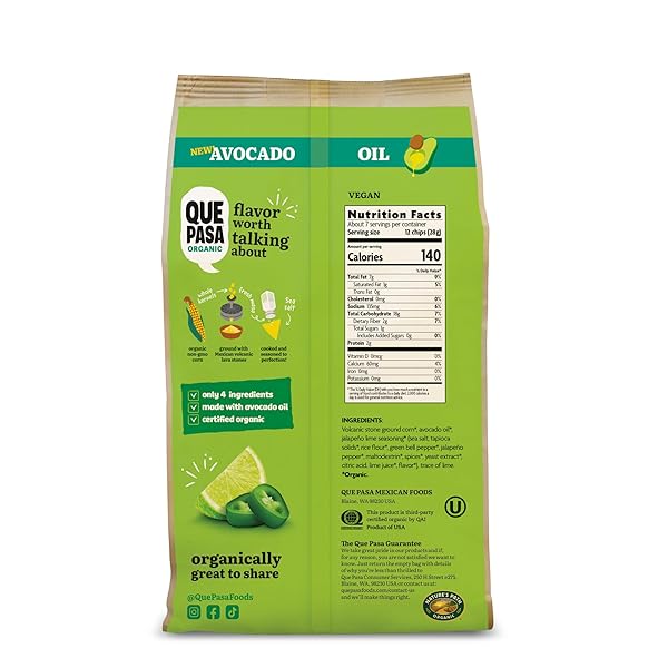 QUE PASA ORGANIC AVOCADO OIL JALAPENO & LIME TORTILLA CHIPS, 7.5 OZ (PACK OF 1), GLUTEN FREE, NON-GMO, BY NATURE’S PATH