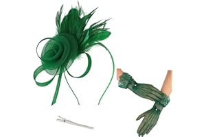 Womens Fascinators Hats and Lace Fishnet Gloves Short Tea Party Hats Feather Headband for Wedding Cocktail (Sea Green)