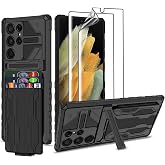 THMEIRA for Samsung Galaxy S21 Ultra Wallet Case with Card Holder, Black | Detachable Card Holder, Built-in Kickstand, with Screen Protectors - Soft 2 Pack, Military Grade, Full Body Shockproof