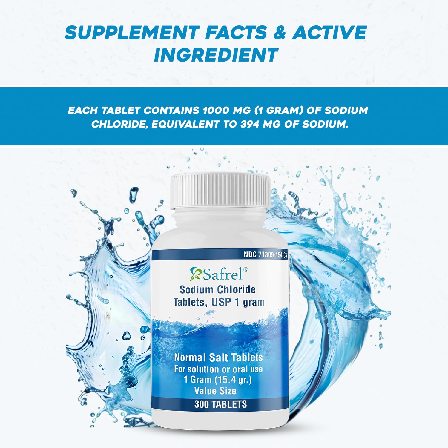 Safrel Sodium Chloride Tablets 1 gm, USP | Normal Salt Tablets | (15.4gr.) | Electrolytes Replenisher Hydration Drink (300 Count (Pack of 1))