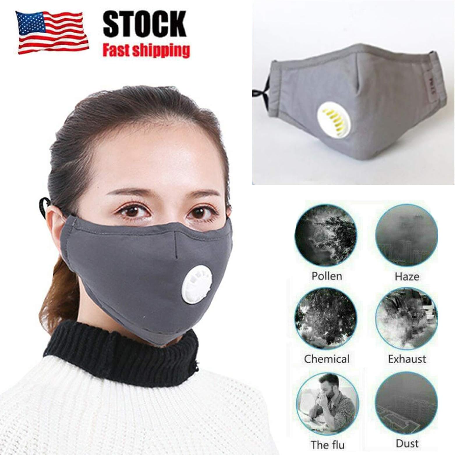 TSSPLUS PM2.5 Anti Air Pollution Reusable Washable Face Mask Respirator 2 Filters (Gray)