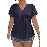 Eytino Womens Plus Size Tops Lace Crochet V Neck Short Sleeve Eyelet Blouse Loose Casual Summer Peplum Shirts(1X-5X)