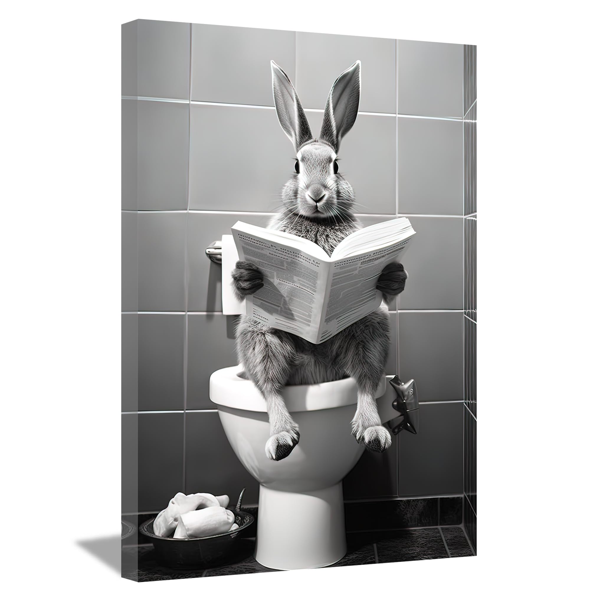 LZIMU Bathroom Funny Rabbit Wall Art Rabbit Sitting on Toilet Reading Newspaper Canvas Prints Black and White Posters Home Decor Framed (Bathroom-5, 16"x24")