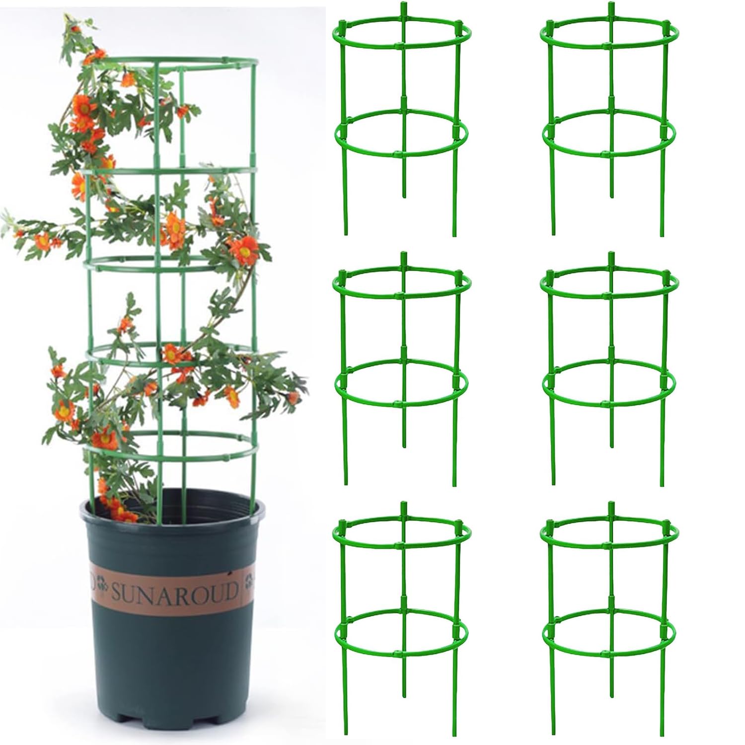 UCLEVER Set of 6 Garden Plant Support Stakes Bow Type Flower Supports Round Ring Cage for Peonies, Hydrangea, Interlinking to Make Garden Border