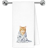 Exqcom Blue and White Chinoiserie Orange Cat Kitchen Towels, Orange Cat Gifts for Women Dish Tea Towels for Kitchen Decor, Cute Kitty Kitten Decorative Hand Towel Bathroom Yoga Spa Decor, 16x24 Inch