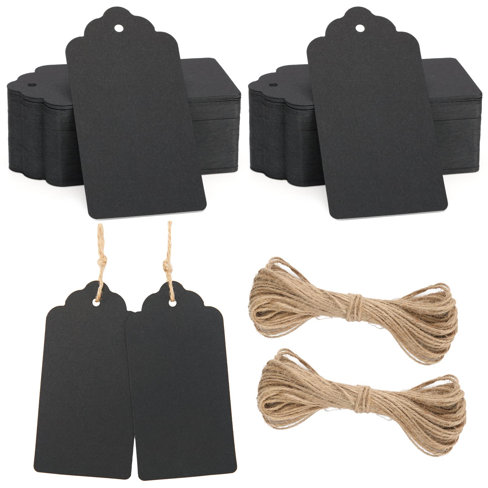 jijAcraft 100PCS Black Gift Labels, Kraft Paper Tags 10x5cm Craft Hang Tags with String for Crafts Wedding Favours