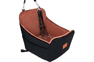 YOUVEE Dog Car Seat for Small/Medium Dog 20lbs 25lbs up to 32 lbs,Fully Detachable and Washable Puppy Booster seat with Storage Pockets,2 Adjustable Safety Belts(Black Outside Brown Inside)