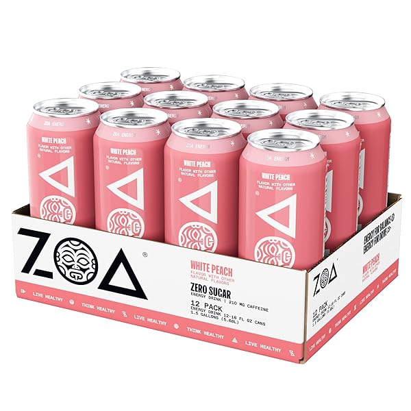 ZOA ZERO SUGAR ENERGY DRINKS, WHITE PEACH – SUGAR FREE WITH ELECTROLYTES, HEALTHY VITAMIN C, AMINO ACIDS, ESSENTIAL B-VITAMINS, AND CAFFEINE FROM GREEN TEA – 16 FL OZ (12-PACK)