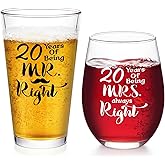 Futtumy 20th Anniversary Glass Gifts Set, 20 Years of Being Mr Right & Mrs Always Right 17oz Wine 15oz Beer Glass, 20th Wedding Anniversary for Wife Husband Couple Parents Grandparents Friends
