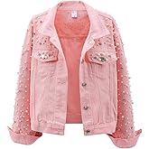 LifeShe Women's Pearls Denim Jacket Cropped Rhinestones Jean Jacket Coat