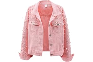 LifeShe Women's Pearls Denim Jacket Cropped Rhinestones Jean Jacket Coat