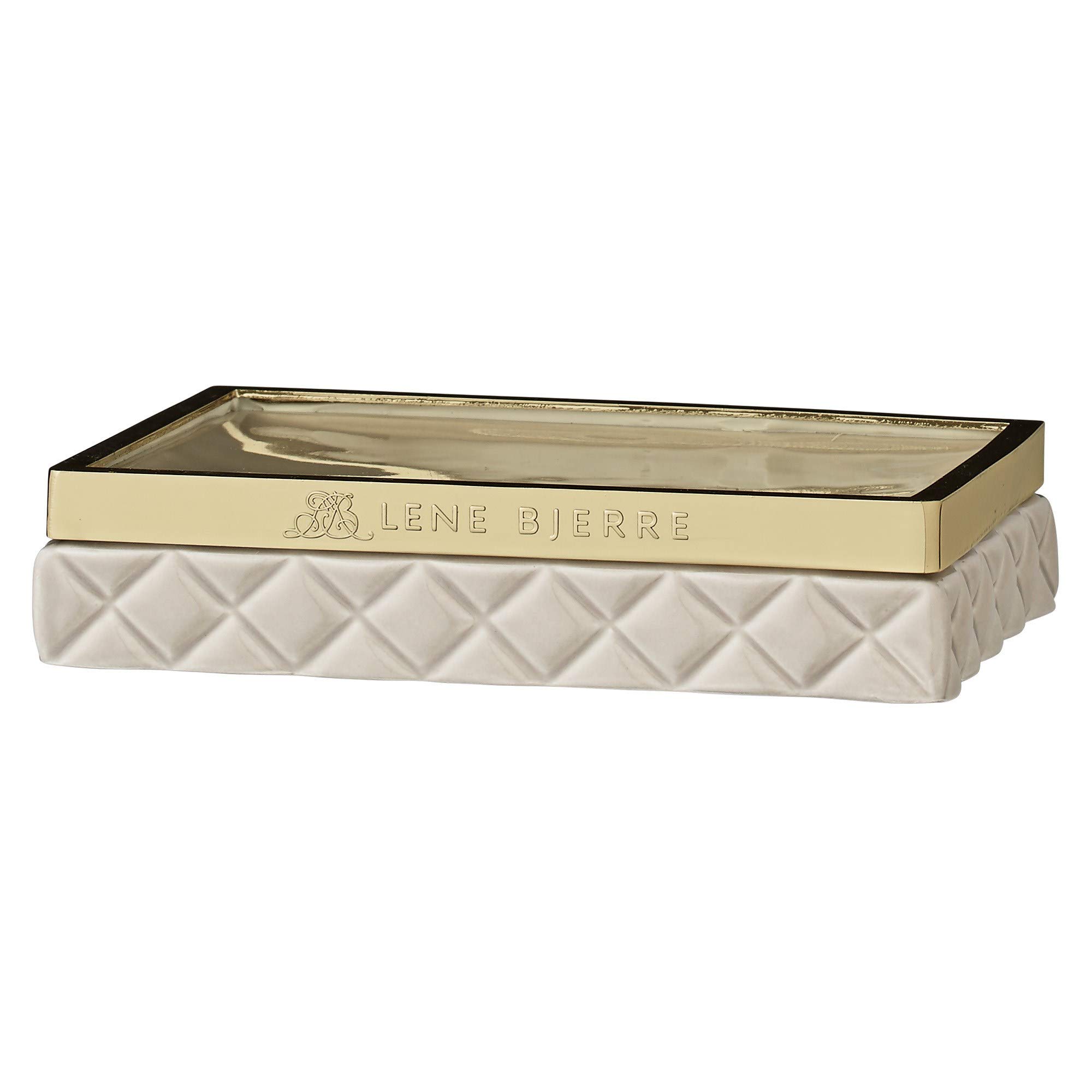 Portia Luxurious Soap Holder - Unique Harlequin Pattern - Ceramic Base With Metal Edge - Scandinavian Designed Rectangular Soap Dish - Bathroom Decor Of Size 13*10 Cm - Beige With Exclusive Gold Edge