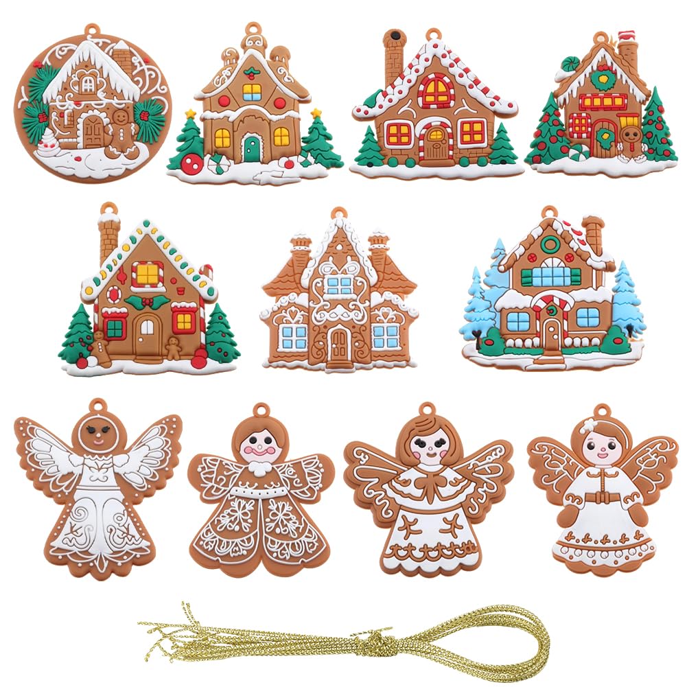 SUNNYCLUE 1 Box 11Pcs Mini Tree Ornaments Christmas Tree Decorations Gingerbread Man House Angel Snowman Ornament Small Winter Ornaments Plastic Xmas Ornaments for Home Party Hanging Supplies