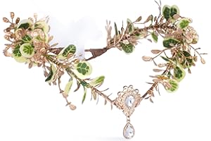 MOSTORY Woodland Elf Crown Headpiece for Women V-shape Fairy Queen Tiara with Green and Beige Leaves Goddess Gold Headband for Party Cosplay Halloween Renaissance Wedding Birthday