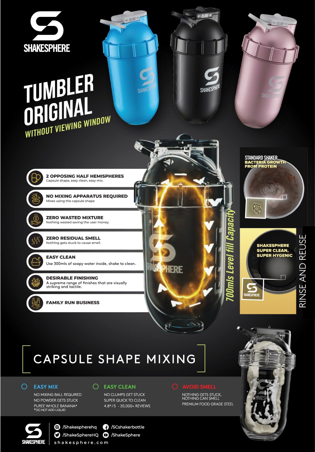 SHAKESPHERE Shaker Bottle - 24oz Leak Proof Protein Shaker Bottle for Pre Workout, Smoothie, and Powder Drink Mixes, No-Blade Mixer for Gym, BPA-Free, Easy Clean & Easy to Carry (Matte Black)