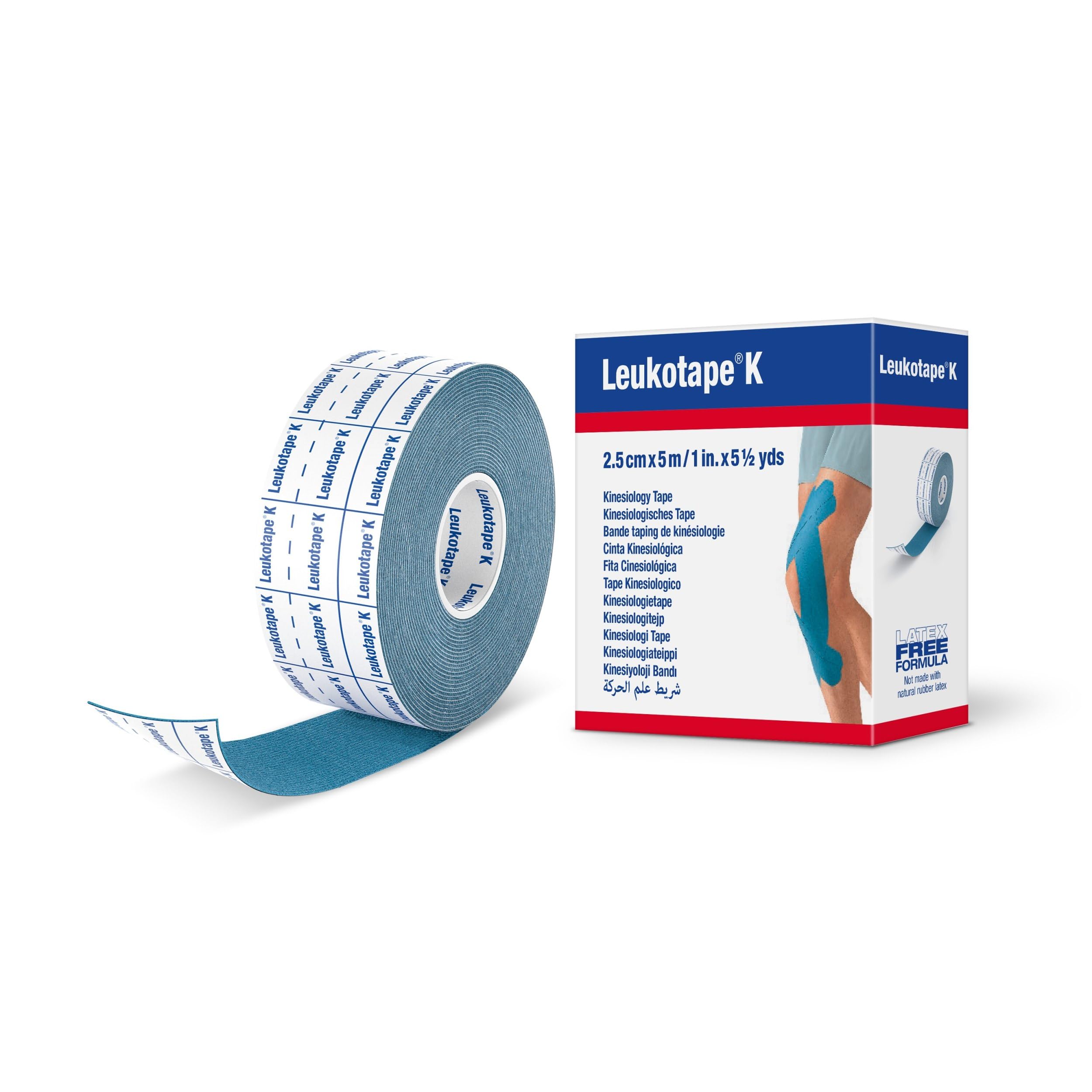Leukotape K Kinesiology Tape for Muscle Support and Pain Relief, 2.5cm x 5m, Blue, 1 Roll